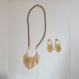 Statement Necklace And Earrings Set Fierce Tribal Brutalist Gold Spike Leather